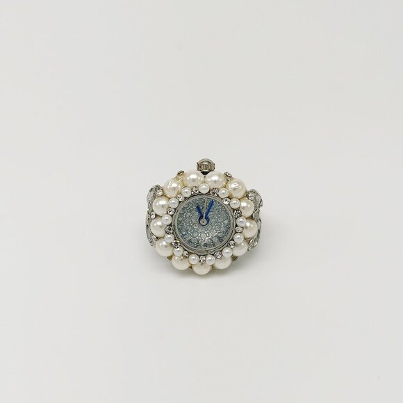 Vintage pearl like & crystal silver tone dial (blue hands) ring watch by migi (U - Picture 1 of 5